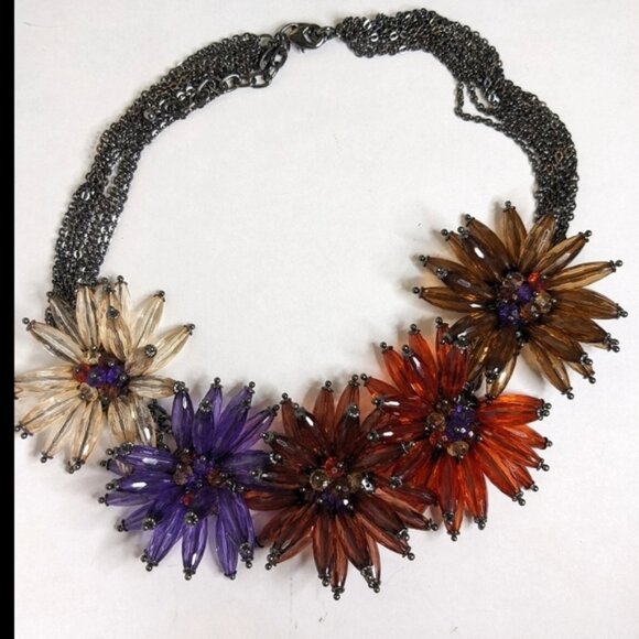 Vintage Joan Rivers Gunmetal Silver Tone Multi-Chain Crystal Flower Necklace - Picture 3 of 11